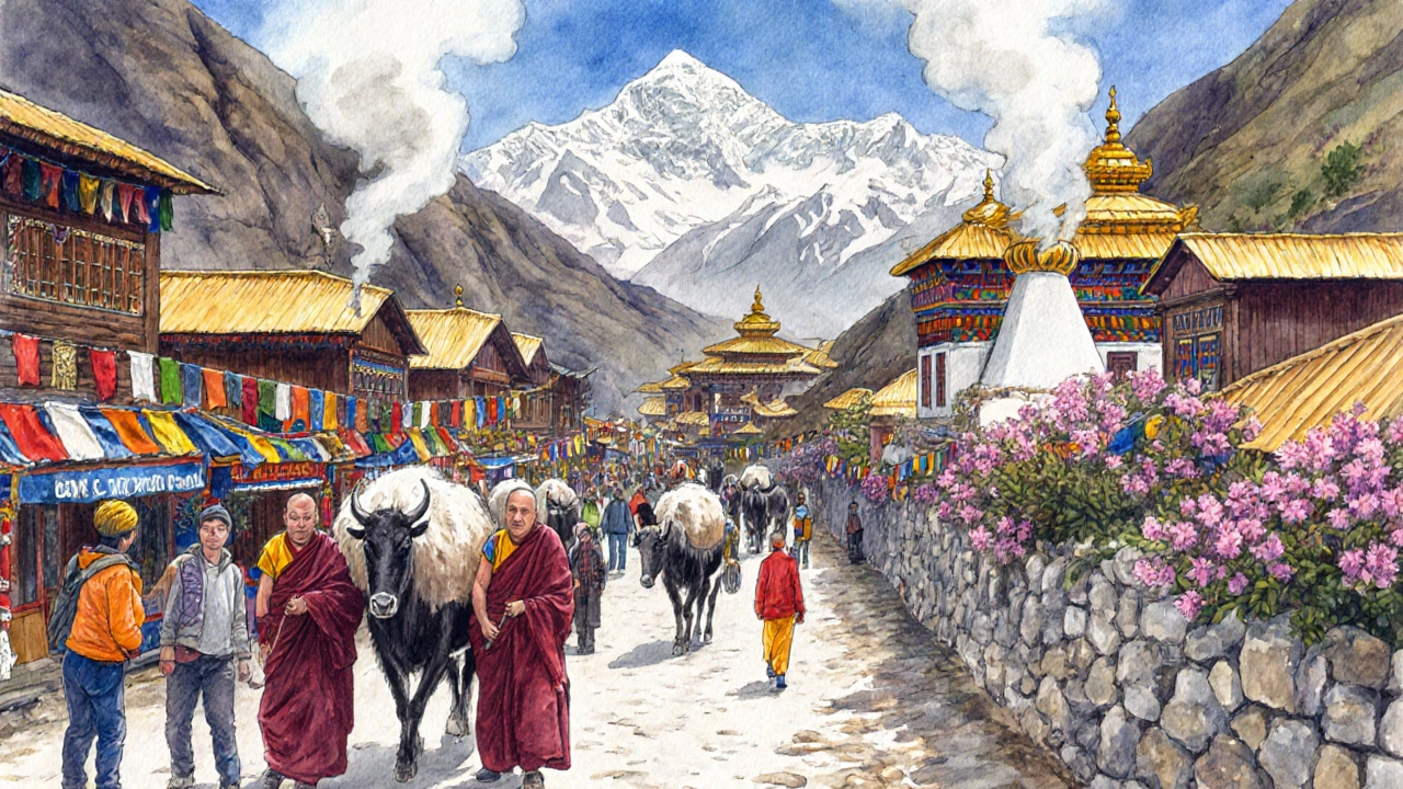 Colorful Namche Bazaar village with prayer flags, yaks, and lodges amid snow-capped peaks.