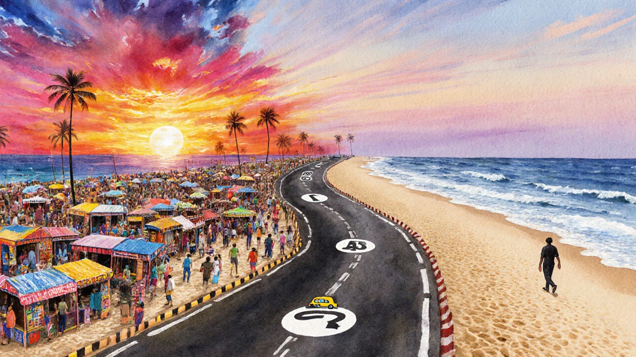 Contrasting North and South Goa beaches in watercolor: lively crowds vs. quiet solitude connected by a road.