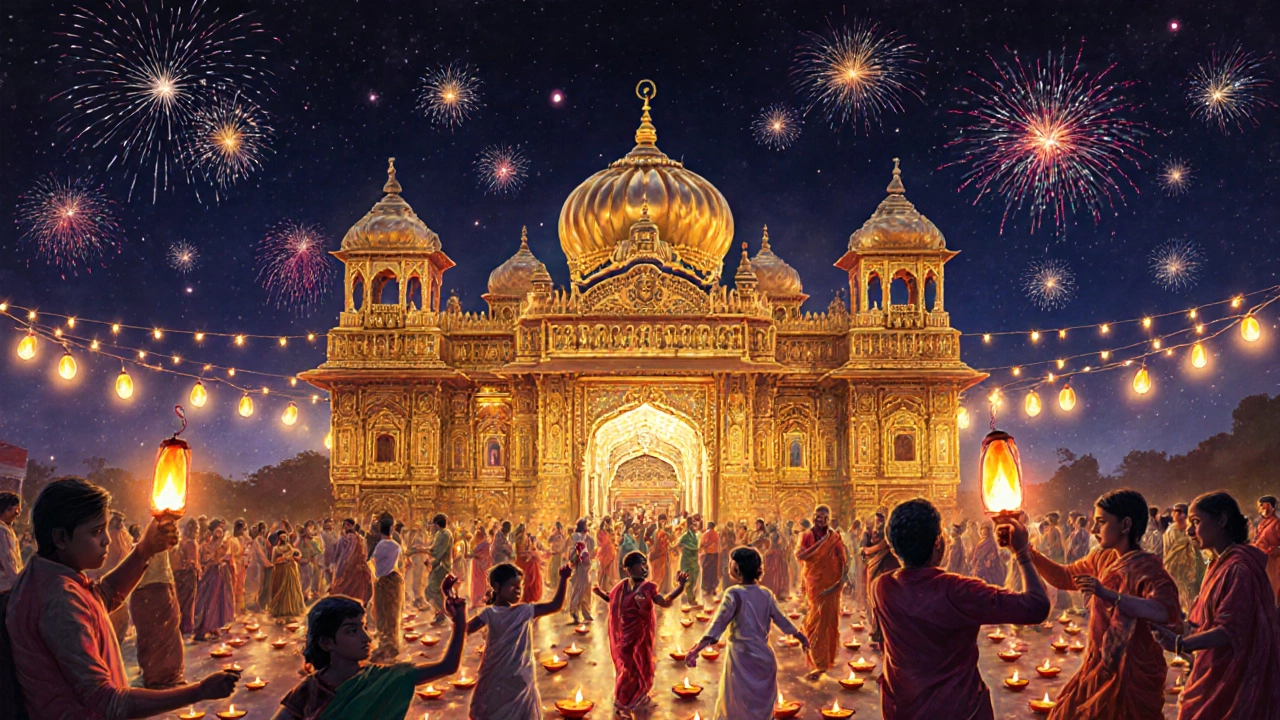 Diwali festival at Shri Swaminarayan Mandir with glowing diyas, fireworks, and crowds in colorful traditional attire celebrating at night.