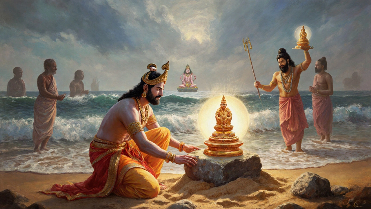 Lord Rama installs a sand lingam as Hanuman arrives with a lingam from Kailash, divine light glowing above the sacred site.