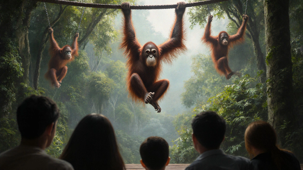 Orangutans swinging above a quiet viewing platform in a rainforest sanctuary.
