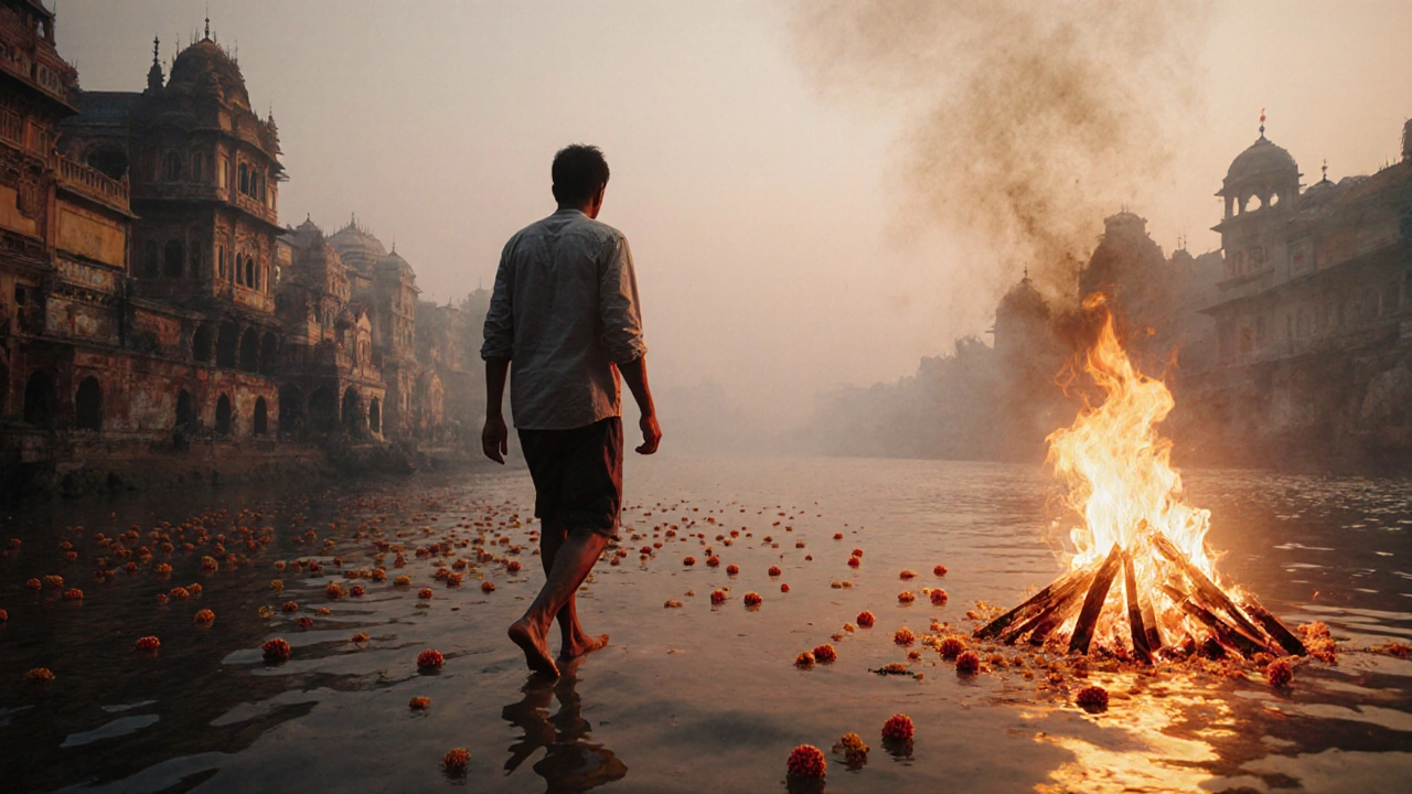 Silhouetted traveler walking along the Ganges at sunrise with floating flowers and temple spires in the mist.