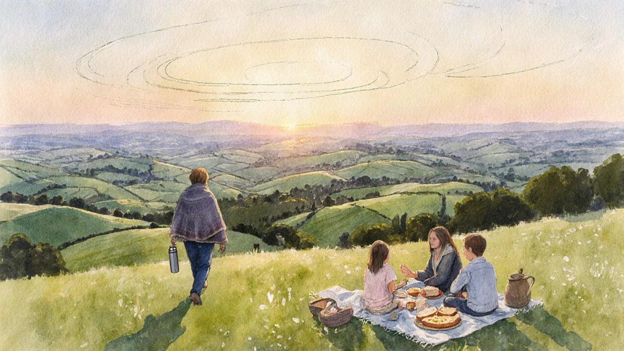 Table Land plateau at sunrise with a solitary walker and picnic spread across rolling green hills.