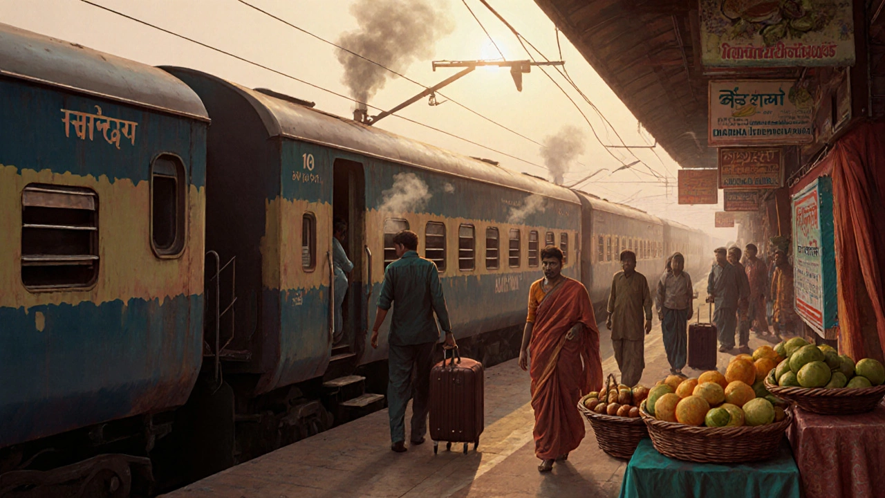 Traveler boarding a train on a busy Indian platform at dawn, surrounded by locals and steam from tea stalls.