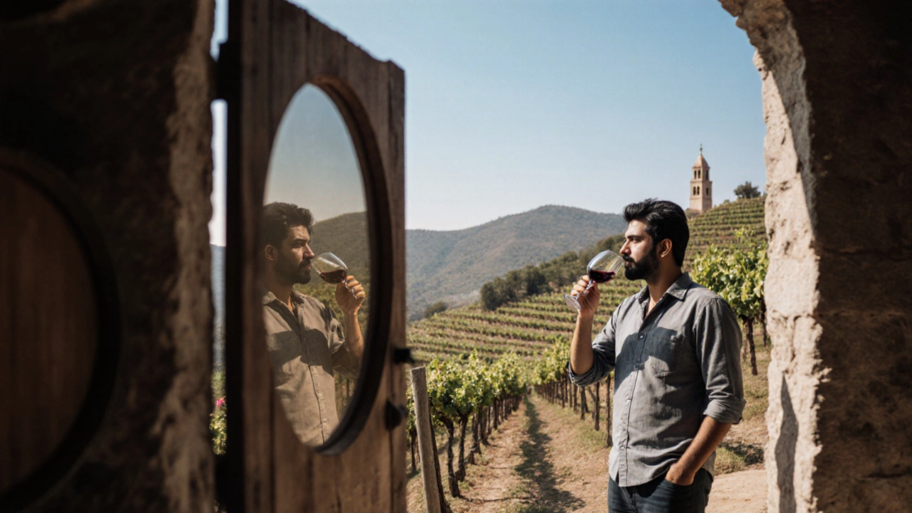 Wine vines on terraced slopes at Valley of Flowers winery with stone cellar in background.