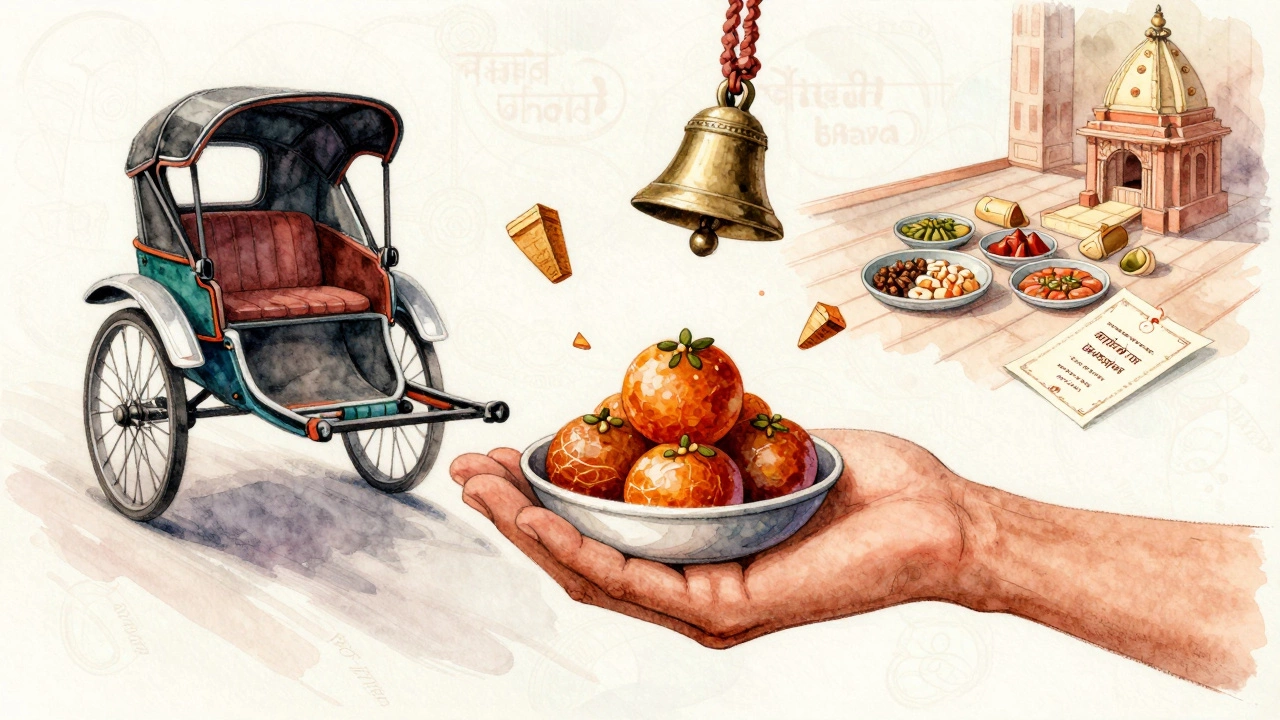 A hand gives a sweet ladoo to a traveler, surrounded by symbols of Indian hospitality.