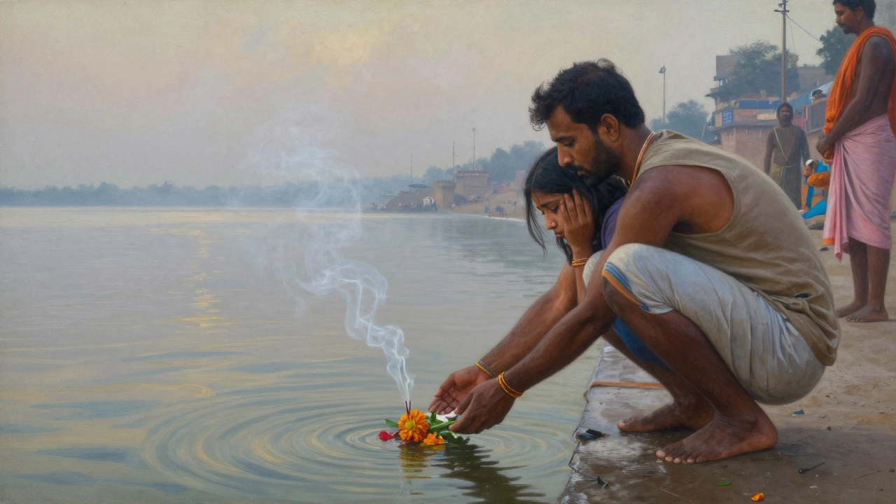 A local man helps a traveler release a flower offering on the Ganges at sunrise in Varanasi.