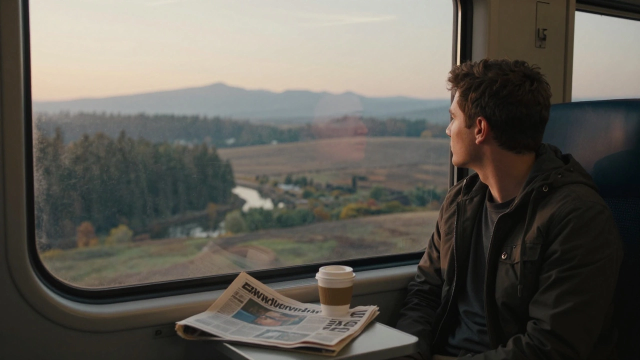 A lone traveler gazing out a train window at dawn, reflecting the landscape of forests and mountains in the glass.