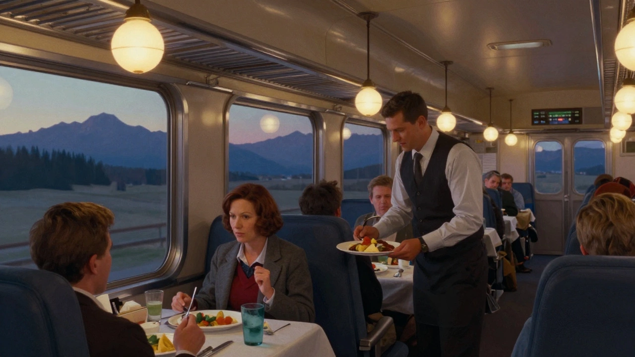 A passenger enjoying a meal in Amtrak&#039;s dining car as the Rockies pass by the window, warm lighting and quiet atmosphere.