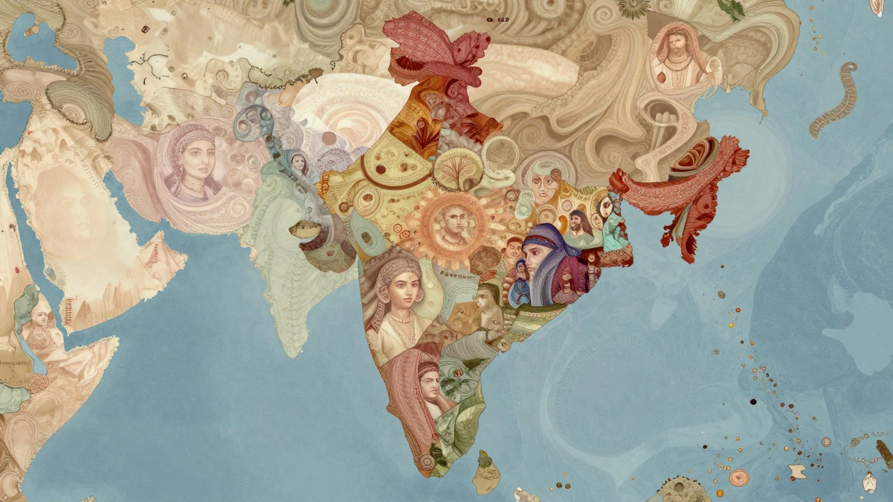 Ancestral genetic patterns mapping India&#039;s regional populations with subtle cultural silhouettes.