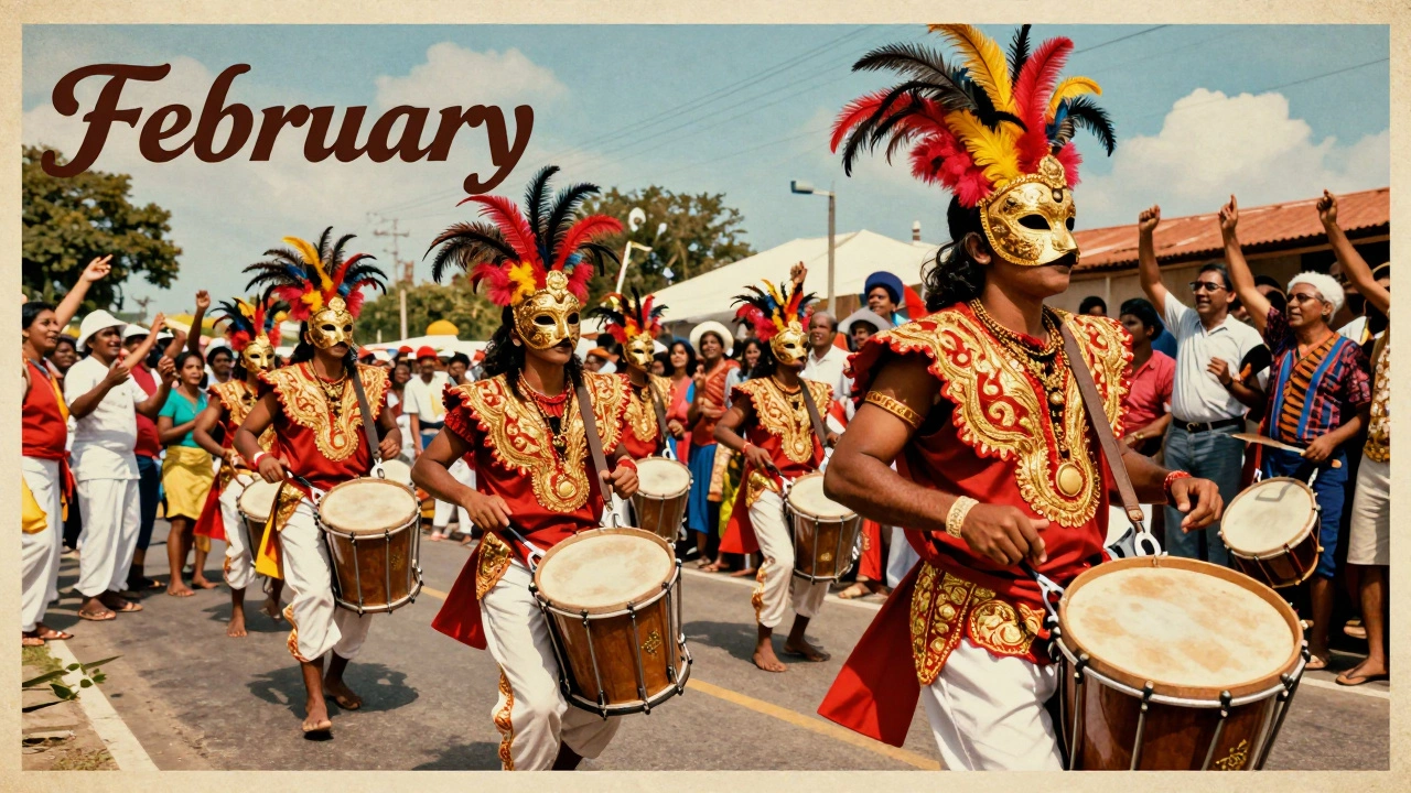Colorful Goan Carnival parade with masked dancers, drummers, and cheering crowd in festive attire.