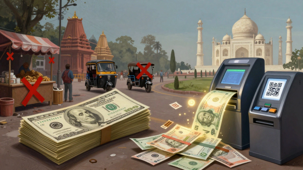 Conceptual split image showing US dollars rejected in daily transactions versus rupees powering India's payment systems.