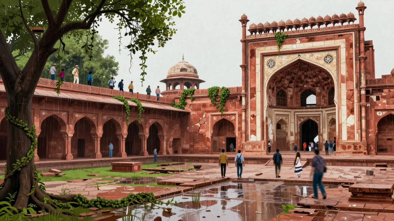 Crumbling Fatehpur Sikri with vines growing through ruins and tourists climbing dangerously.