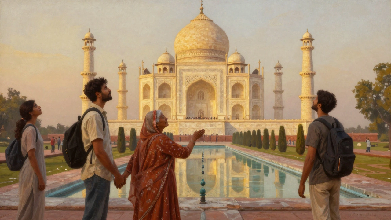 Diverse group of tourists standing in silent wonder before the Taj Mahal at golden hour.