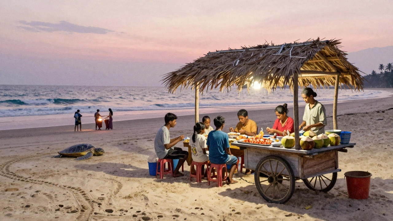 Evening at Palolem Beach with family dining, vendors, and drum circles under a pink sky.