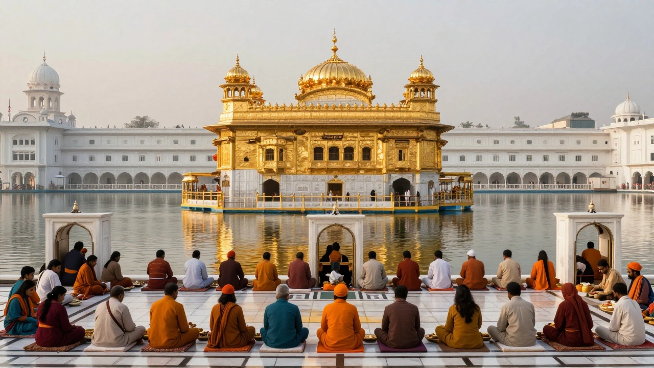 Golden Temple reflecting in water, with people sharing meals in the langar hall.
