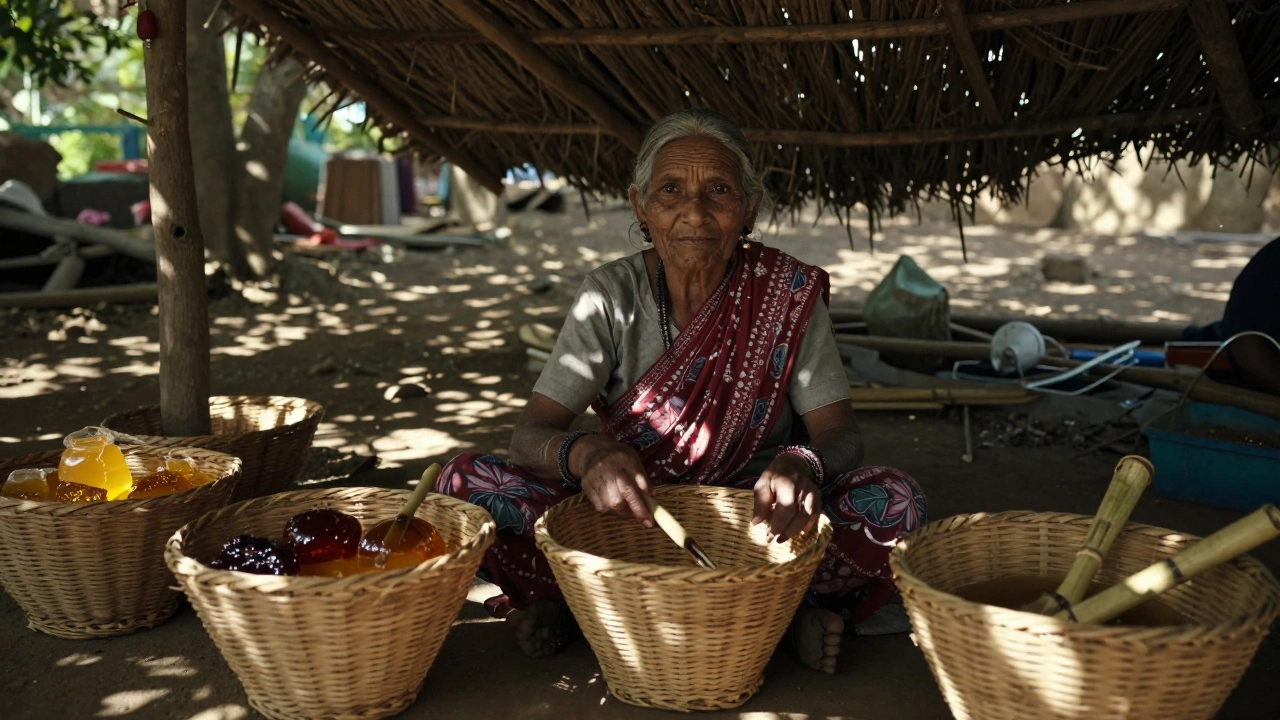 Gond tribal woman selling handwoven baskets in a forest market with traditional tattoos.