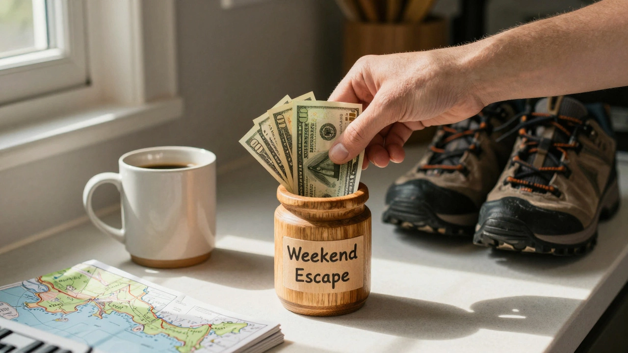 Hand putting cash into a wooden jar labeled &#039;Weekend Escape&#039; on a kitchen counter.
