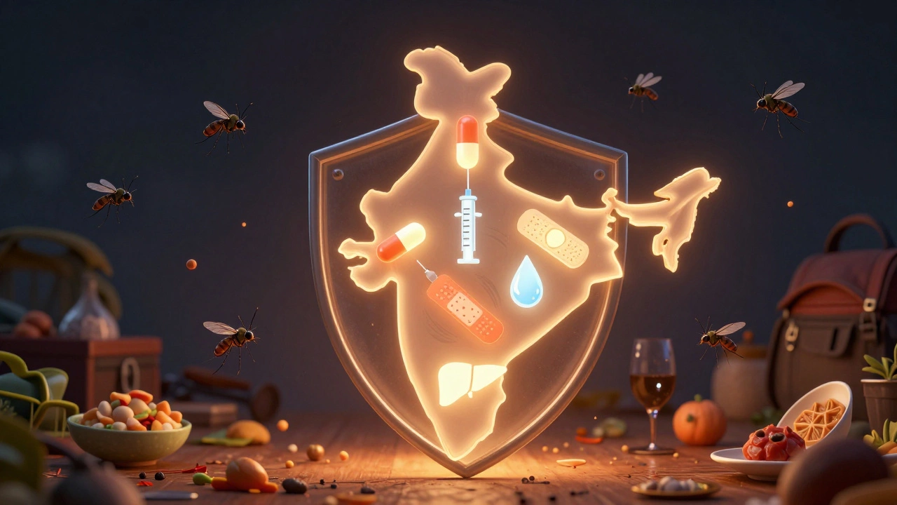 India-shaped shield protected by five vaccine symbols repelling illness icons