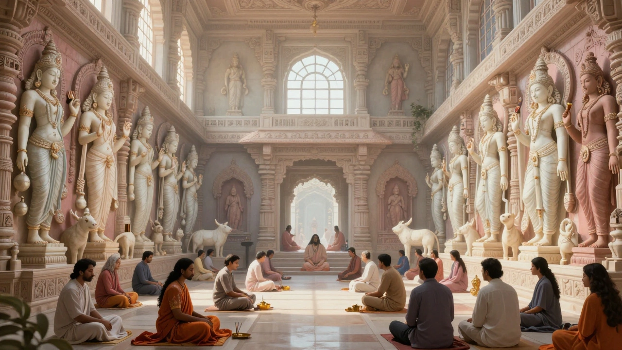 Interior of Akshardham temple filled with thousands of hand-carved statues and silent visitors in reverent stillness.