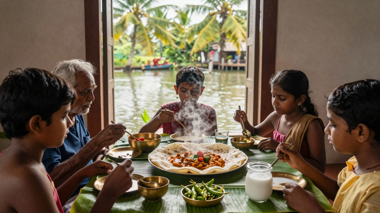 Kerala family sharing appam and stew at breakfast on a banana leaf, warm morning light.