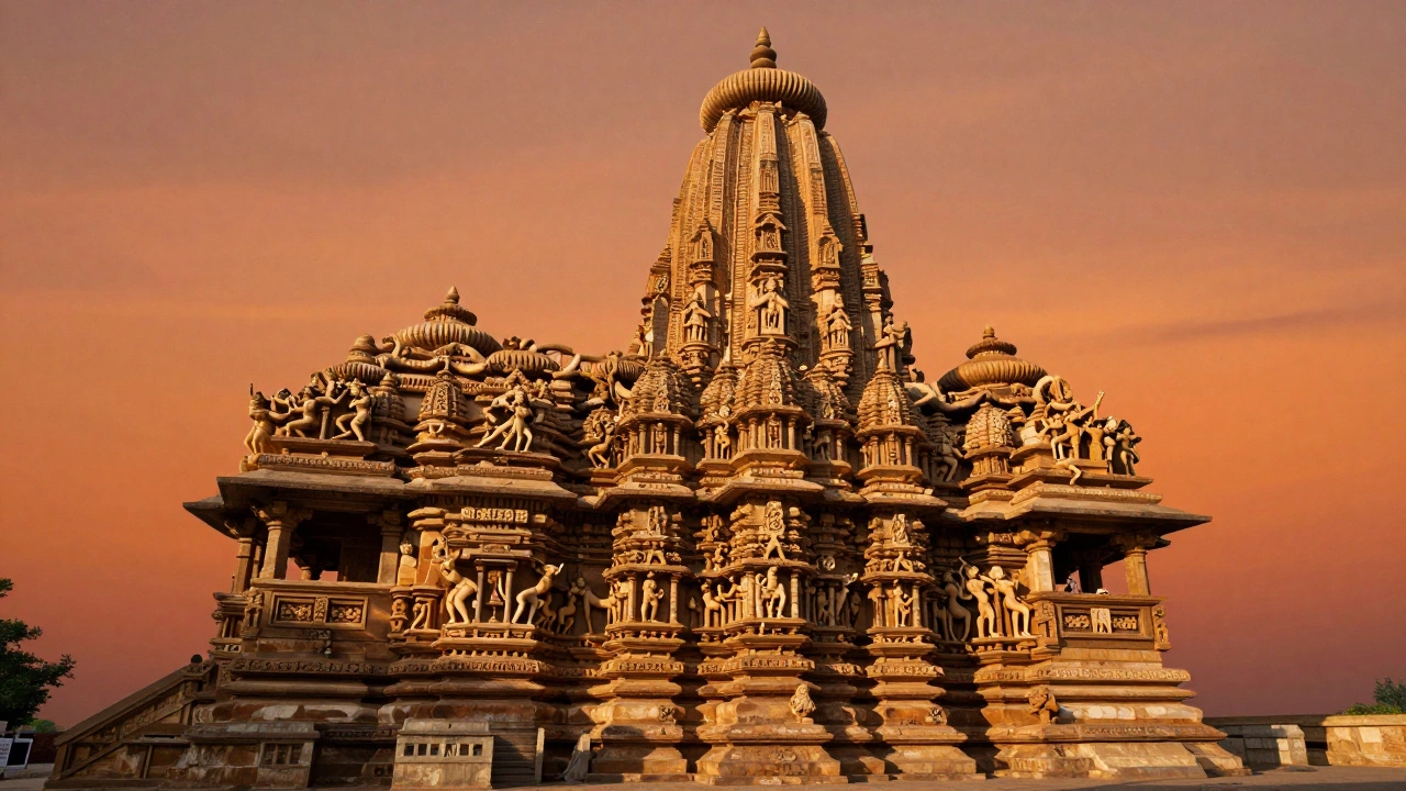 Khajuraho temple at sunset with intricate carvings of dancers and musicians under golden light.