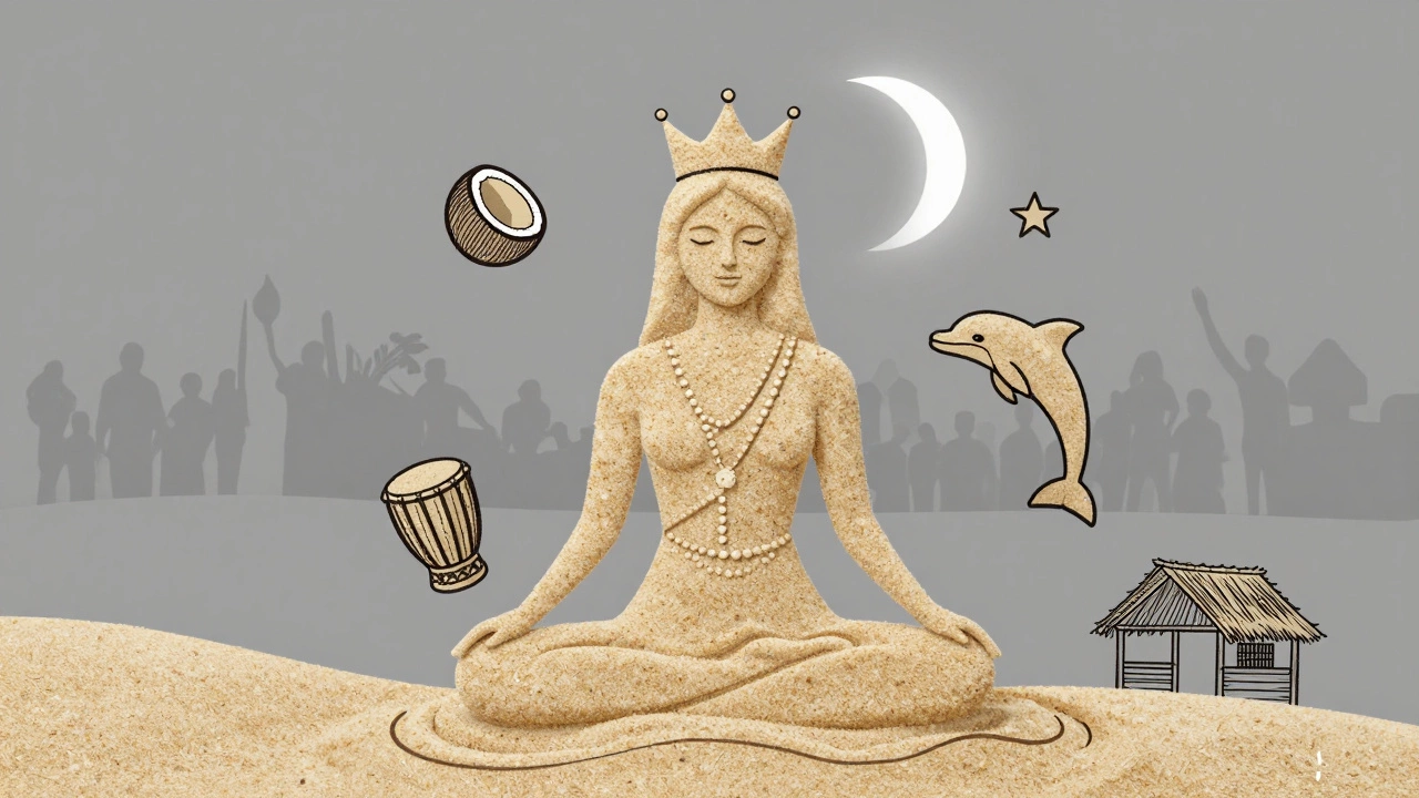 Minimalist symbol of Palolem Beach as a crowned queen surrounded by nature and culture.