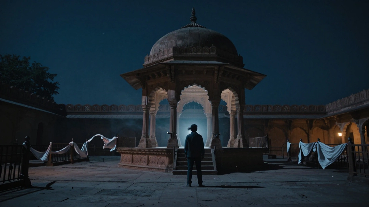 Nighttime view of the Chhatri of the Dying in Gwalior Fort, glowing faintly under starlit sky.