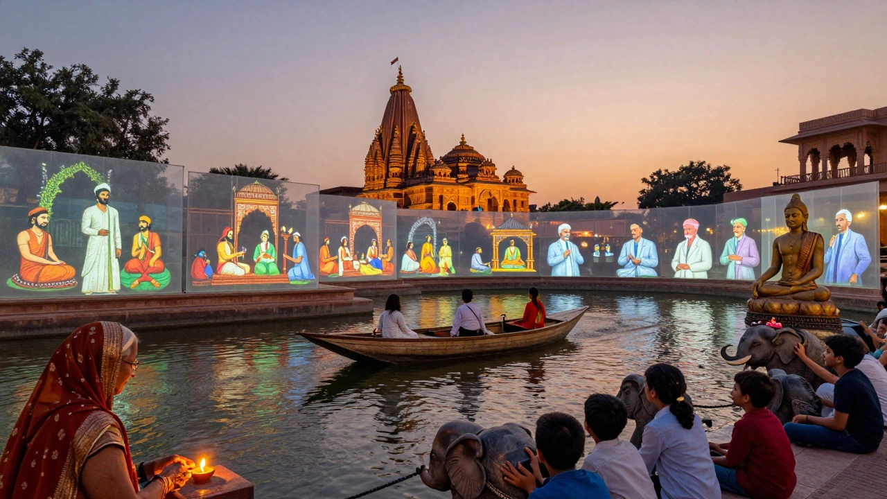 Sunset view of Akshardham’s cultural complex with boat ride, animated dioramas, and visitors experiencing Indian heritage peacefully.