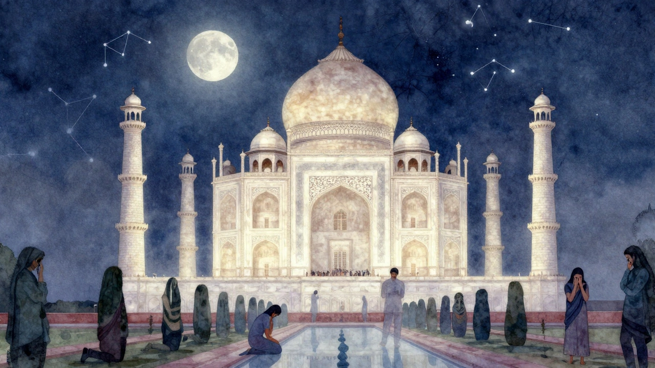 Taj Mahal glowing under moonlight, surrounded by faint silhouettes of people dissolving into the marble.