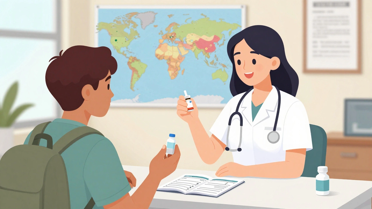 Traveler receiving typhoid vaccine pills in an Australian clinic with map of India