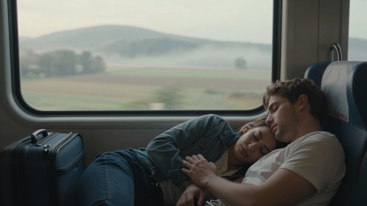 A couple asleep on a train at dawn, heads touching, hands clasped, countryside passing outside.