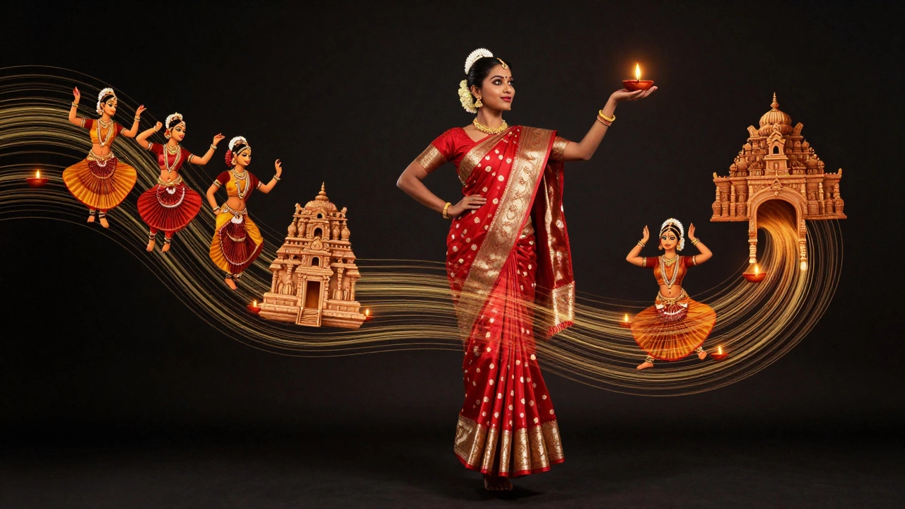 A golden silk sari transforming into dancers, temple carvings, and Diwali lamps.