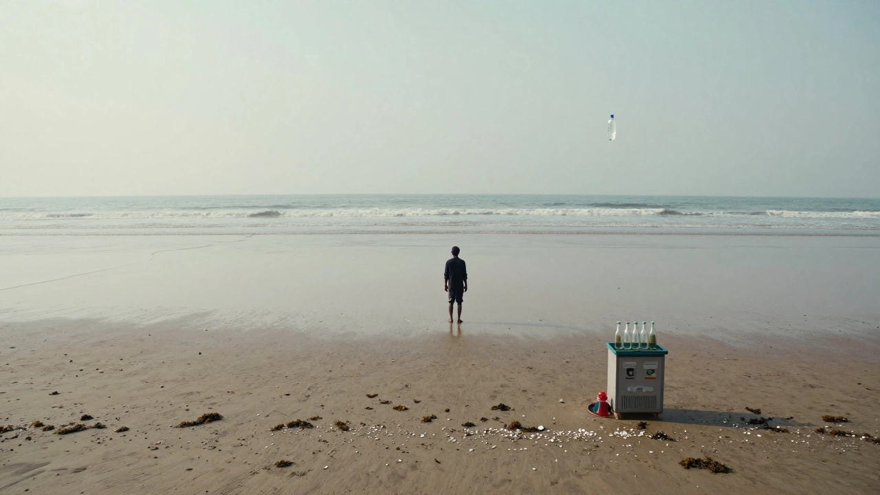 Chandipur Beach at low tide with vast wet sand and lone figure gazing at receding sea, no structures or trash.