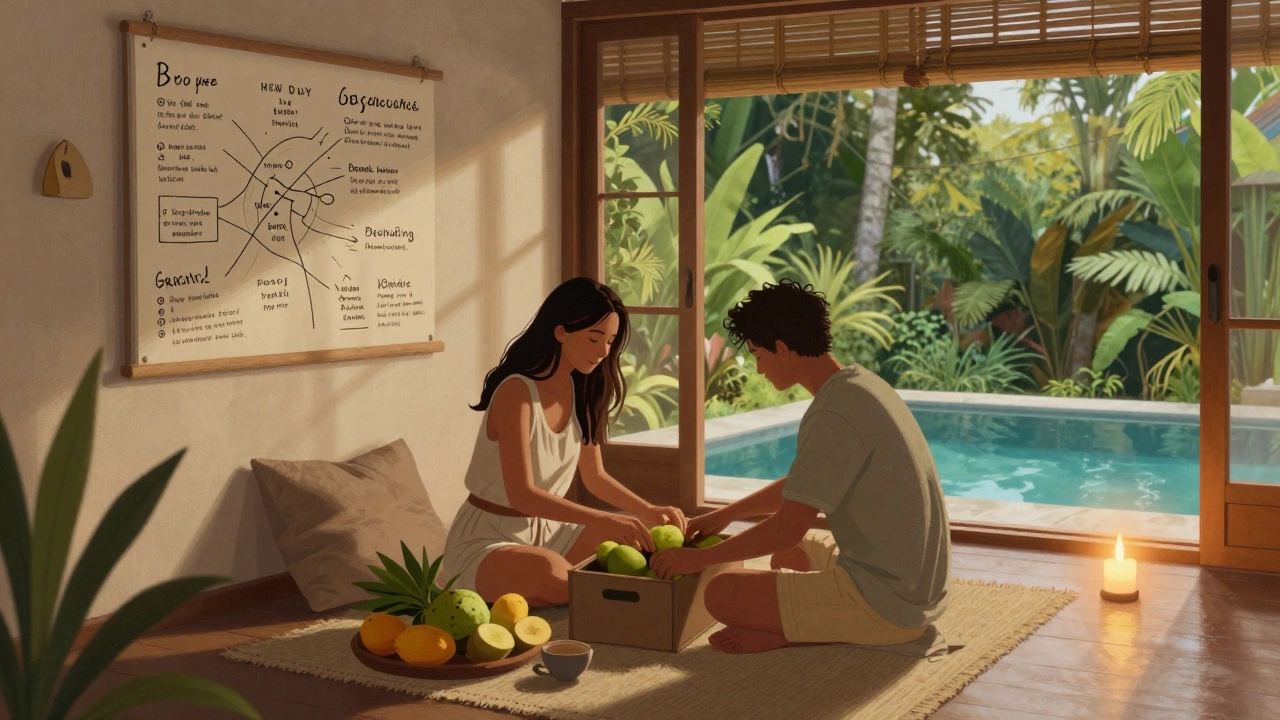 Couple unpacking in a cozy Bali Airbnb with local fruit and handwritten itinerary, morning light through bamboo.