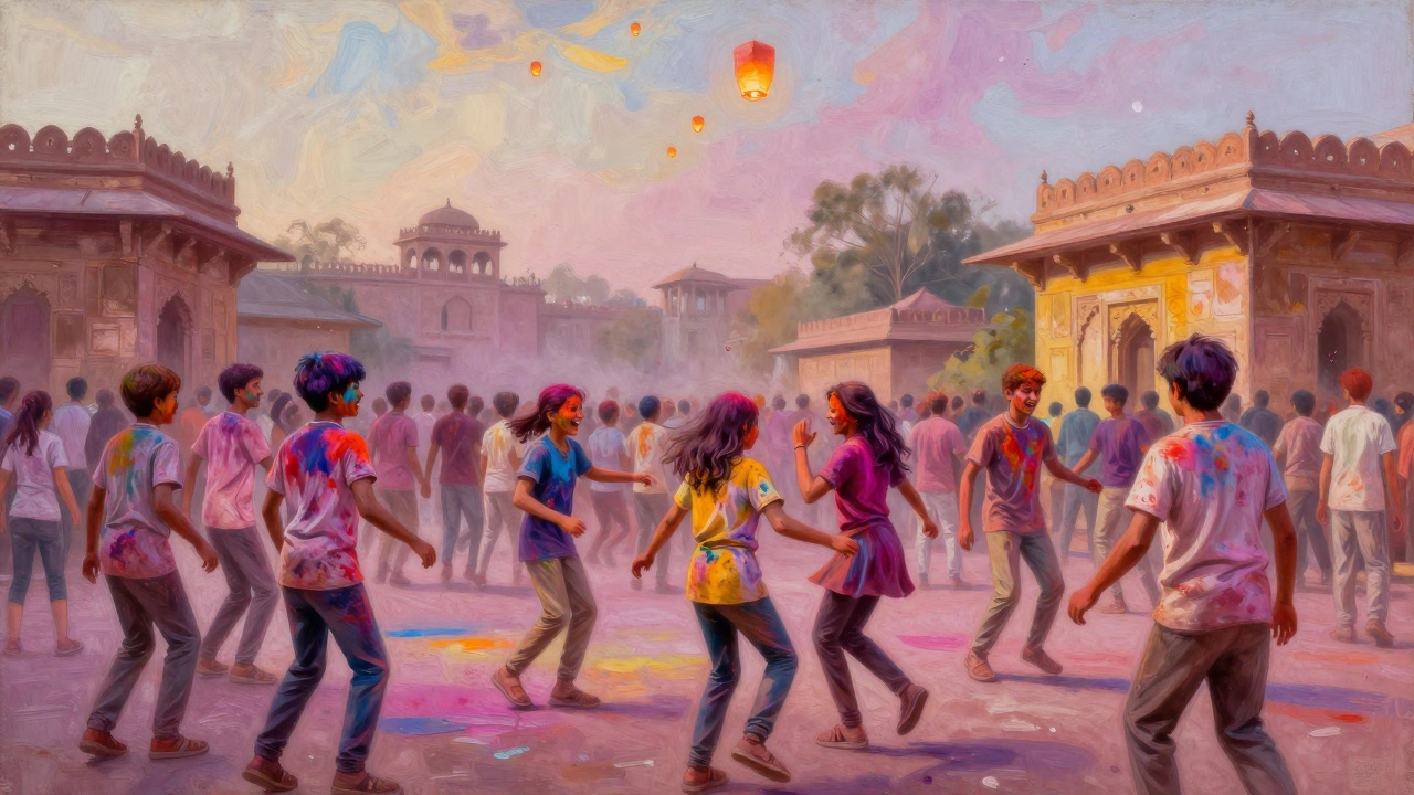 Crowds celebrating Holi with vibrant colors dancing under soft twilight light.