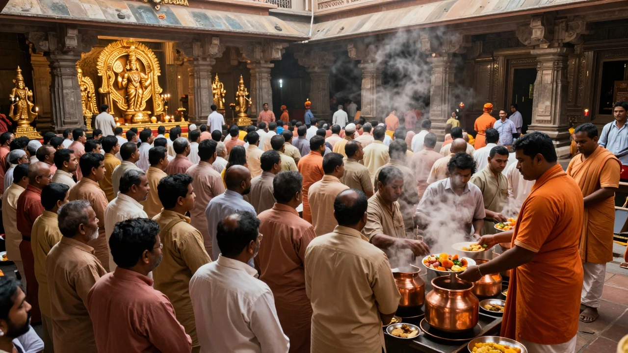 Crowds of devotees waiting in line for darshan as free meals are served in the temple complex.