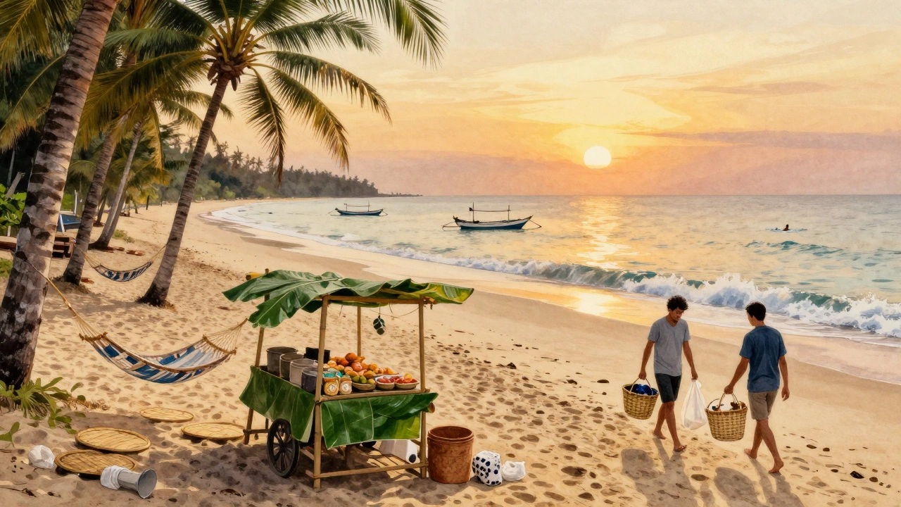 Palolem Beach at dusk with bamboo stalls and community cleanup team walking the shore, no plastic in sight.