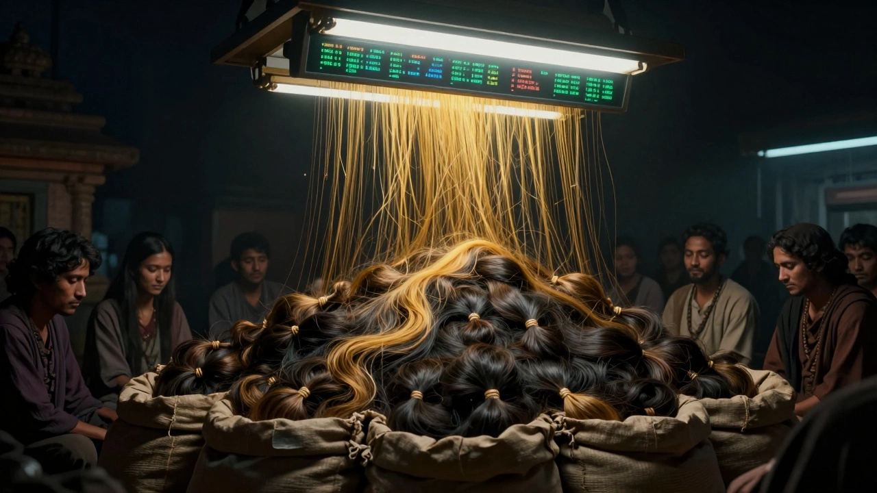 Piles of donated hair in a temple facility, symbolizing devotion funding pilgrim support services.