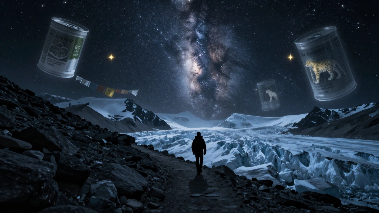Silhouette of a climber on a glacier under the Milky Way, with ghostly symbols of history and nature floating around.