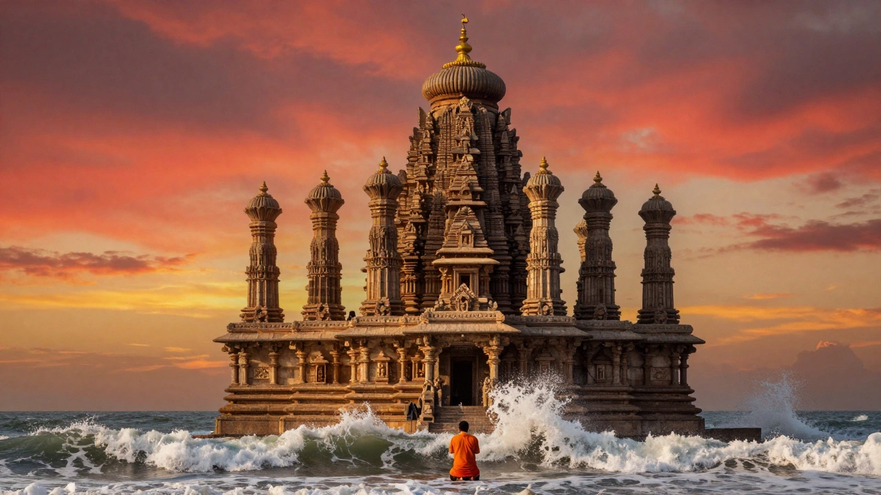 Somnath Temple at sunset, waves crashing against its ancient stones, a devotee praying.