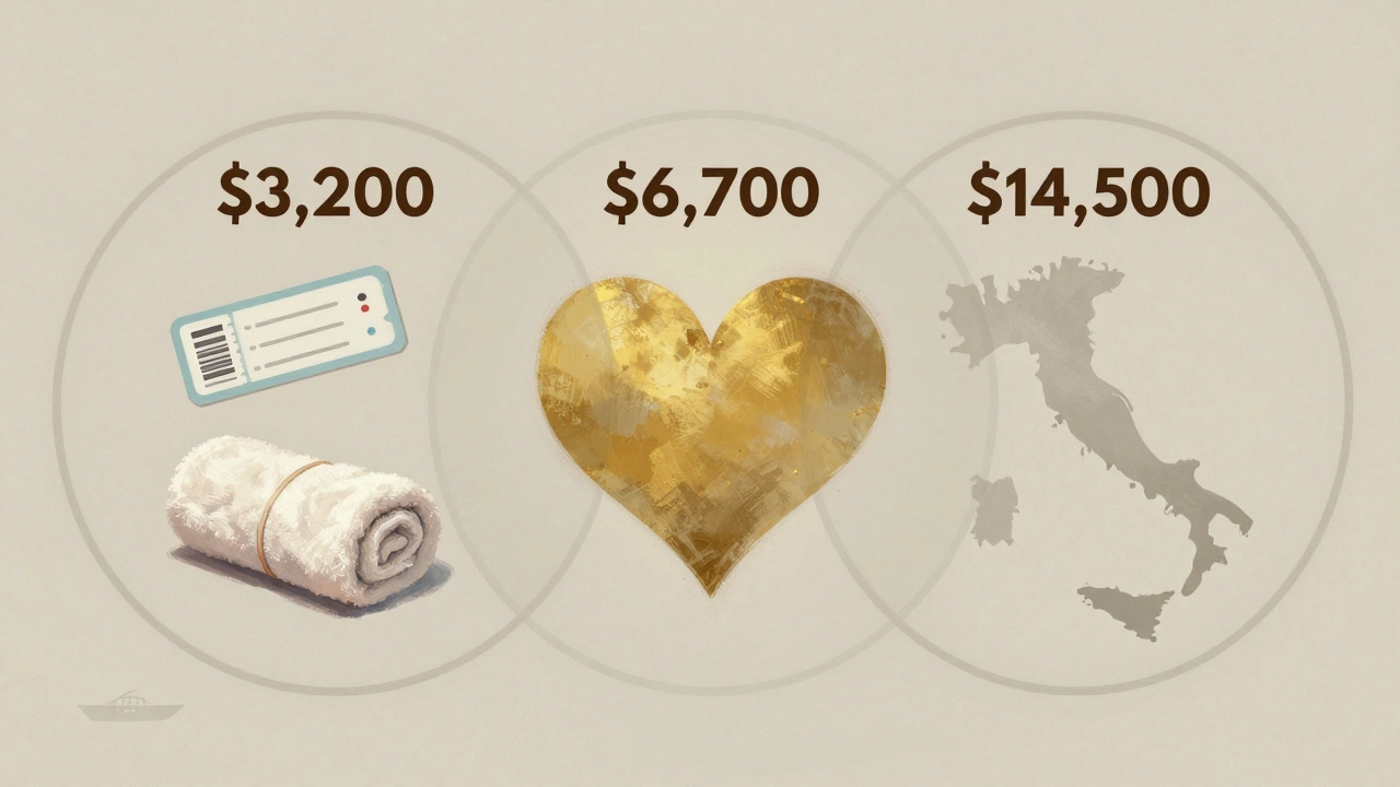 Three budget circles symbolizing honeymoon spending levels, converging into a heart with travel symbols.