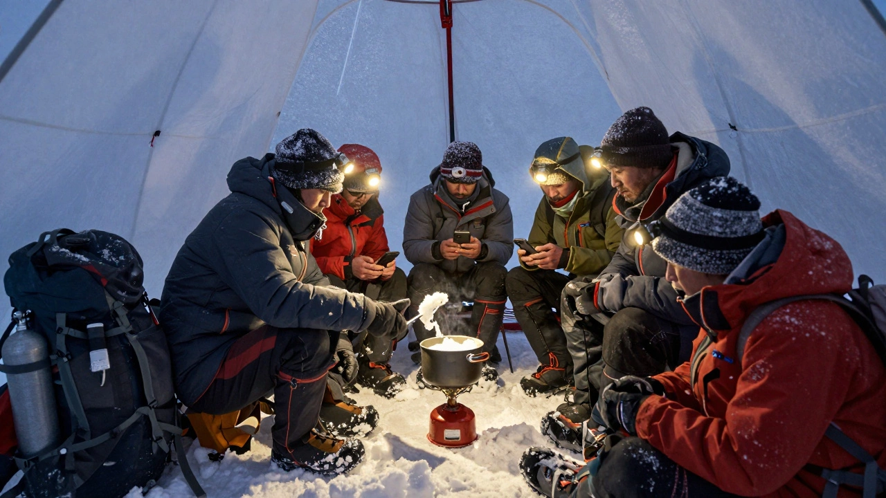 Trekkers inside a snow tent at high altitude, melting snow and checking a satellite phone under headlamp light.