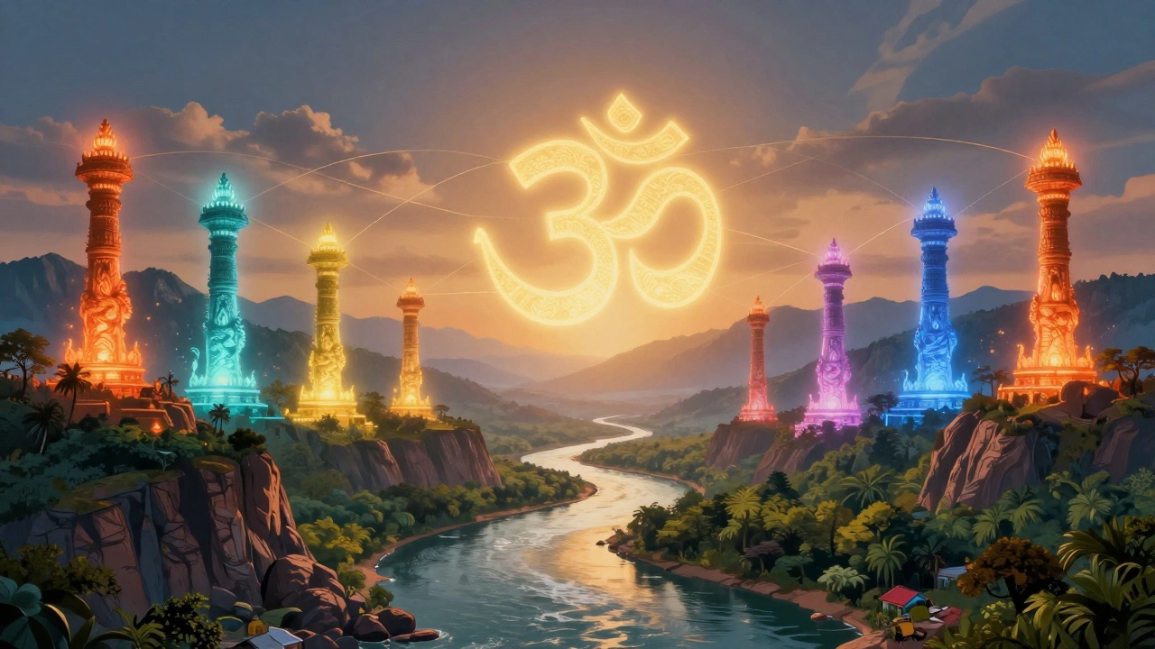 Twelve glowing Jyotirlinga light columns rising from India's landscapes, connected by the Om symbol.