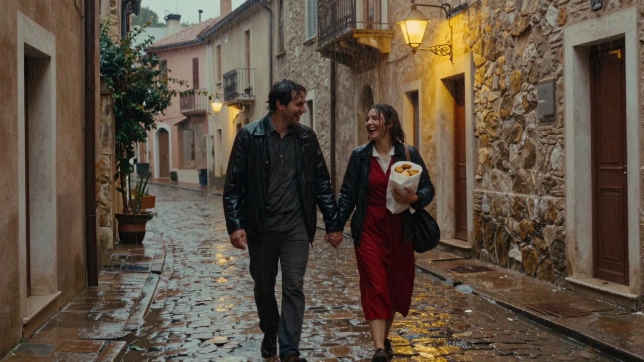 Two people laughing while walking through rainy streets, holding pastries and soaked in rain.