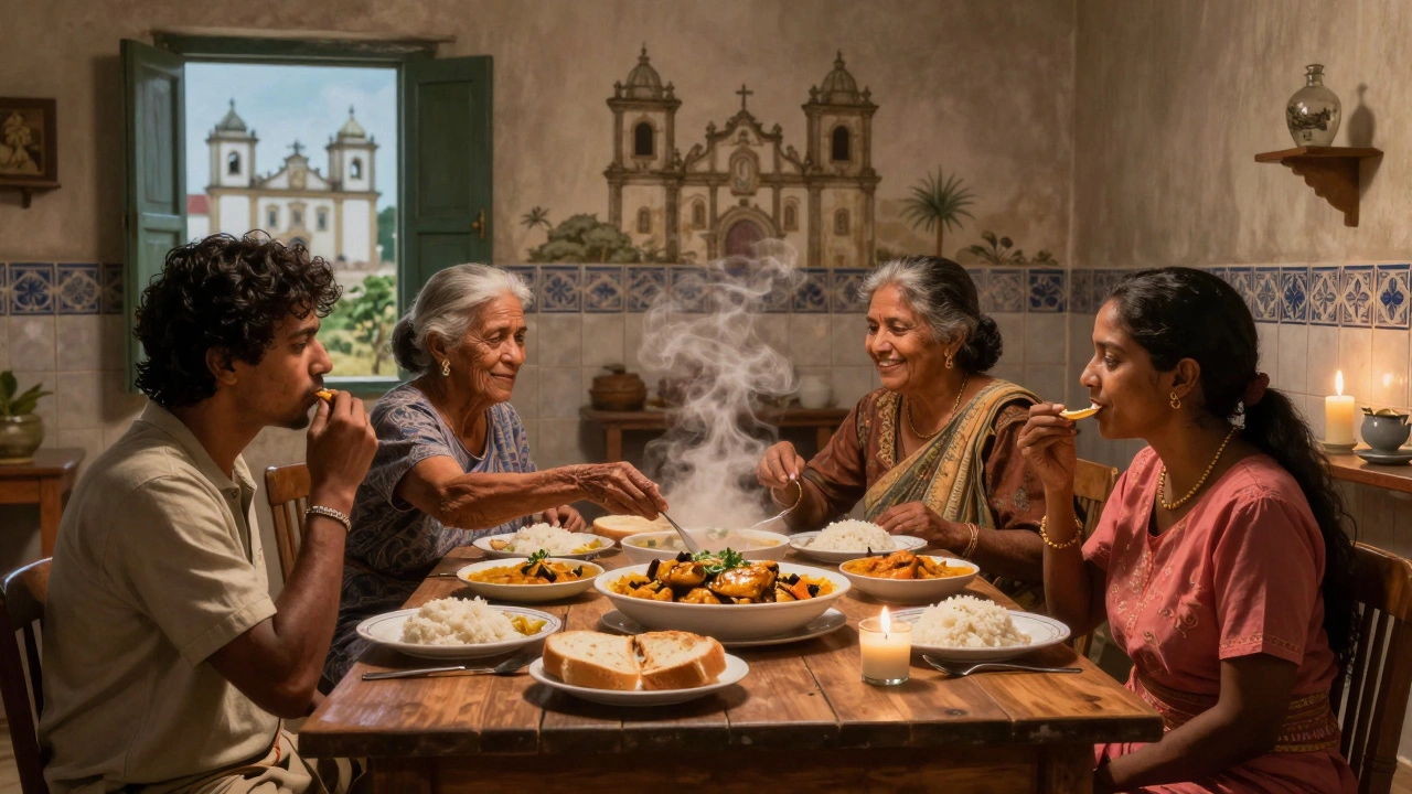 A Goan family shares a meal of vindaloo and fish curry in a tiled home.