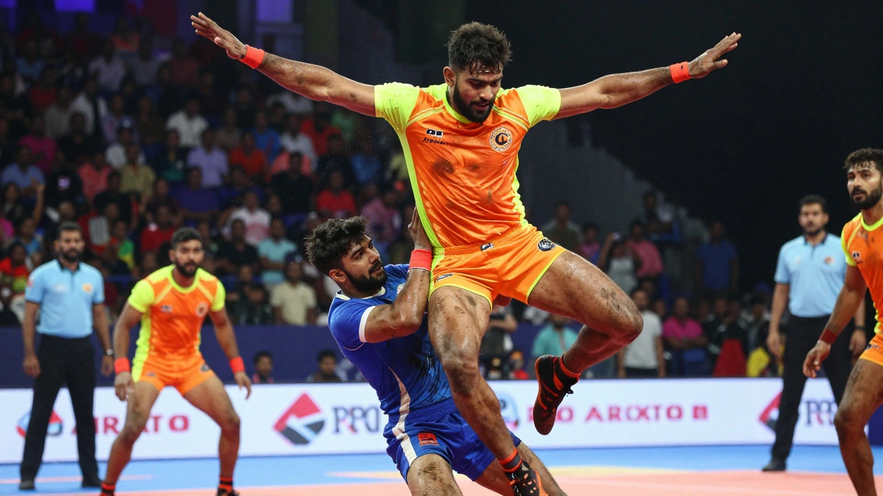 A Kabaddi raider leaping over a defender during a professional match under bright stadium lights.