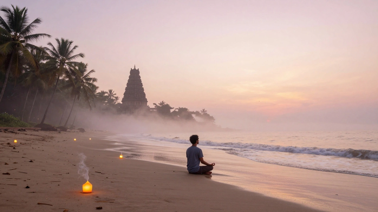 A meditating traveler at dawn on a quiet beach with floating lanterns and temple silhouettes.