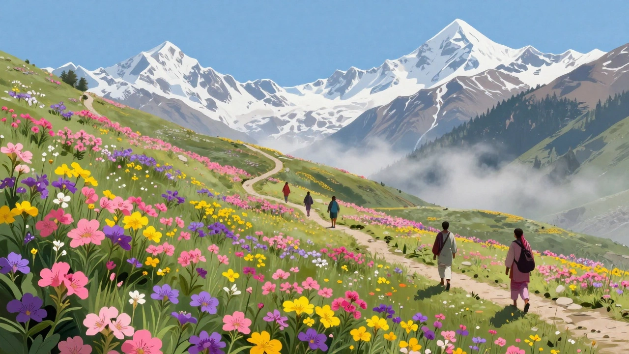 Colorful alpine flowers blanket a mountain trail in the Valley of Flowers, with distant snow peaks and quiet pilgrims.