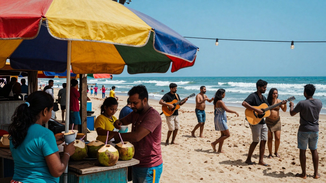 Colorful beach shacks in Goa with tourists enjoying music and coconut water during peak season.